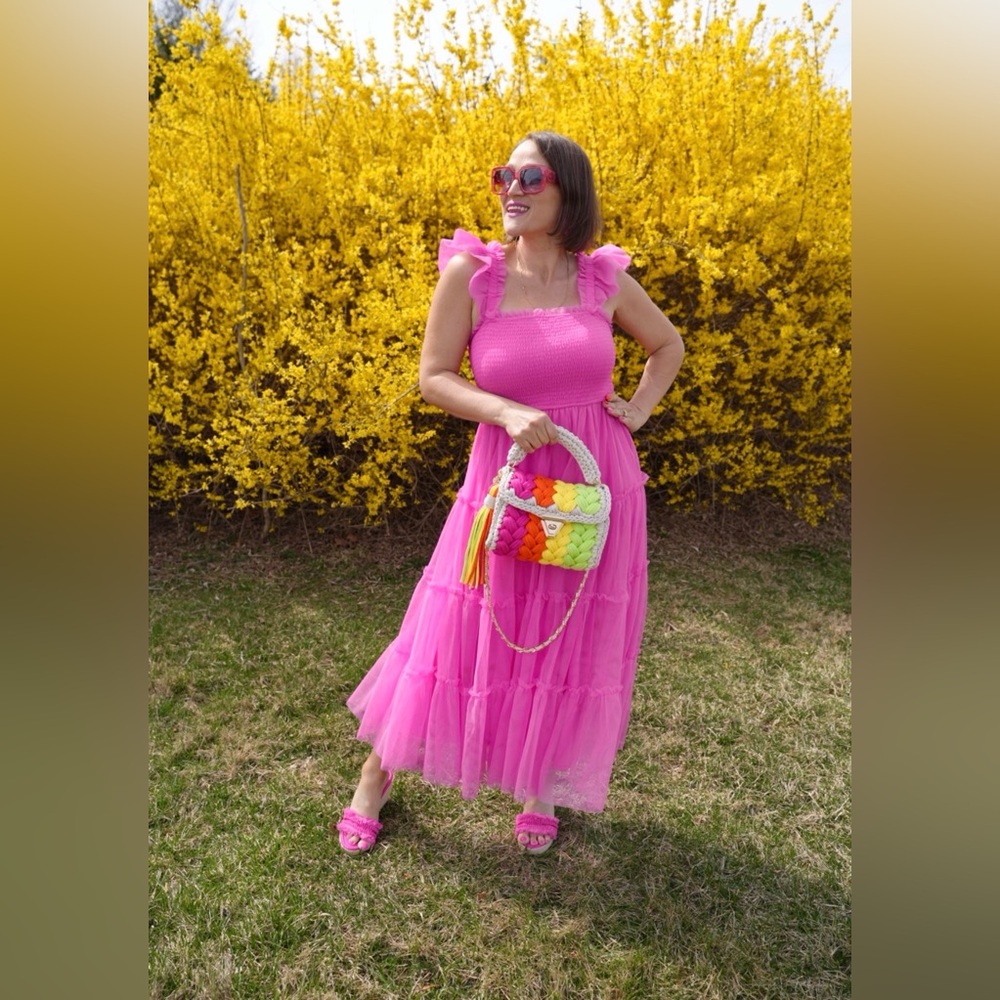 NWT -Baltic Born -Hot Pink Smocked Maxi Dress with Ruffle Straps
